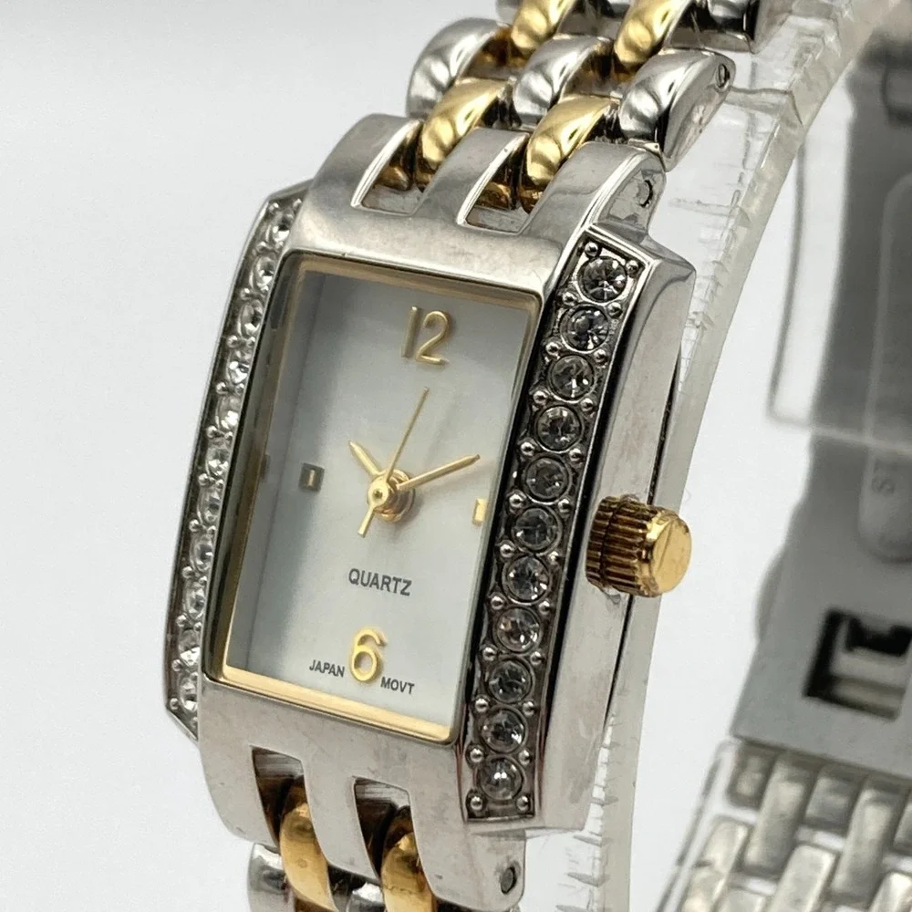 Womens Tank Watch Gold Silver Two Tone 19mm Crystals Bling New Battery 6.5